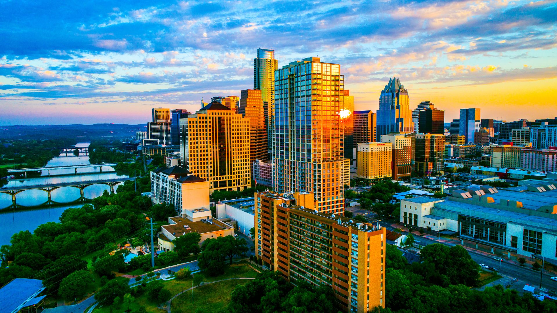 City skyline with commercial buildings