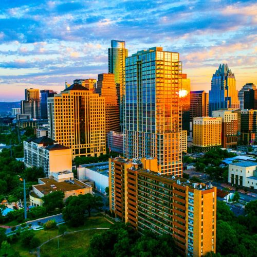 City skyline with commercial buildings